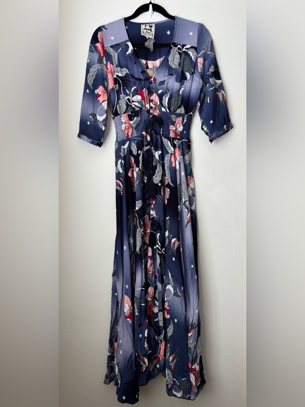 Jaase Indiana Boho Maxi Dress Size Medium NEW Blue Floral Bird